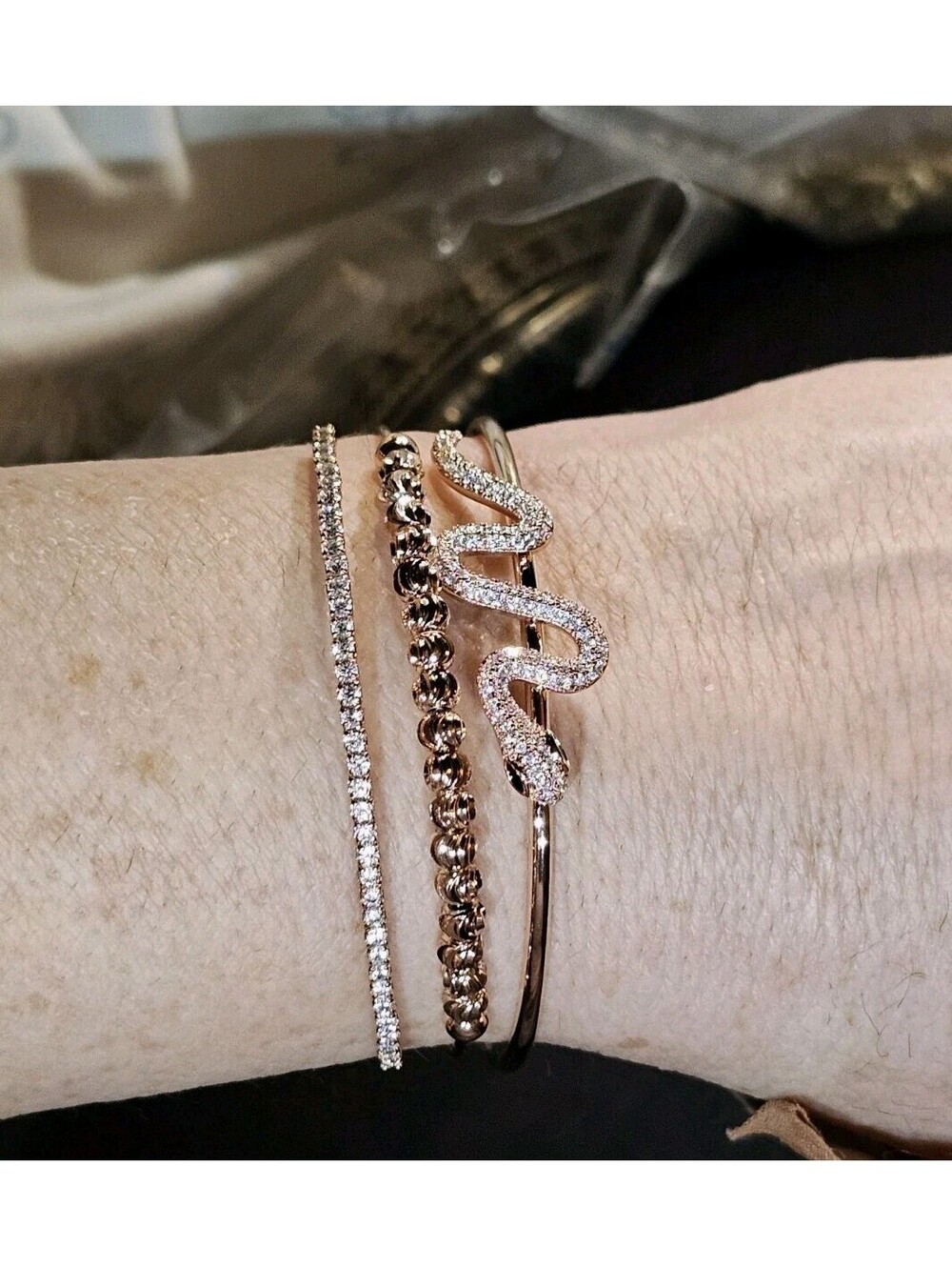 Adina Eden Snake Rose Gold Bracelet Stack Of Two Adjustable CZ Cuffs New In Box